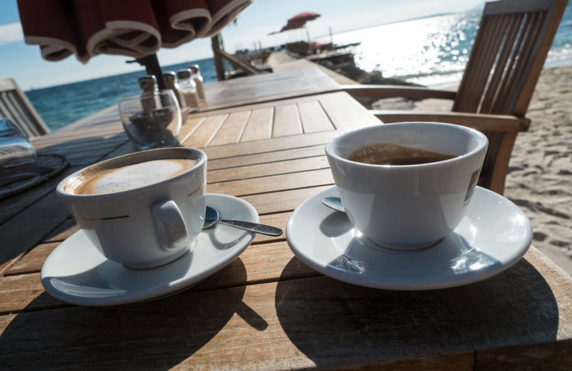 Two cups of coffee at the beach at Juan-les-Pins - Photo by David Innes